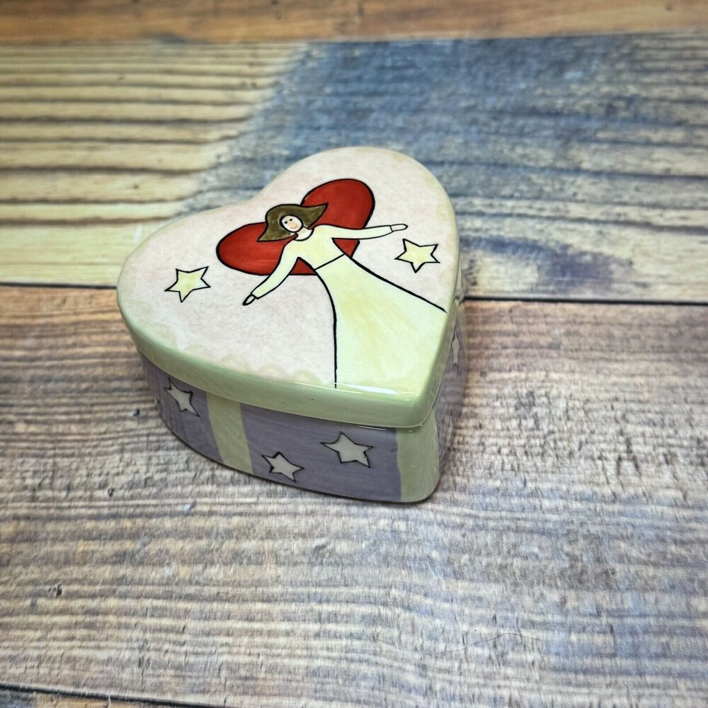 Russ Berrie Angel Painted Heart‎ Shaped Ceramic Trinket Jewelry Box Harmony
